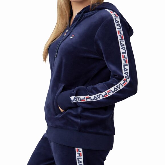 FILA Velour Track Suit Set Navy Blue Logo Tape Hoodie Joggers L/M - Picture 2 of 16